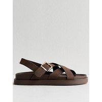 New Look Faux Brushed Leather Multi Strap Chunky Flat Sandals - Brown