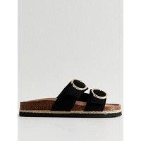 New Look Wide Fit Faux Suede Round Buckle Sandals - Black
