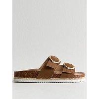 New Look Wide Fit Tan Faux Suede Round Buckle Sandals - Brown