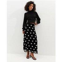 New Look Chiffon Polka Dot Bias Cut Midi Skirt - Black