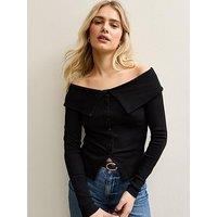 New Look Folded Bardot Neck Button Up Top - Black