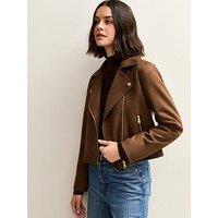 New Look Faux Suede Biker Jacket - Mid Brown