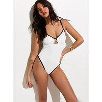 New Look Textured Contrast Trim Ring Front Swimsuit - White