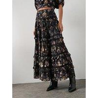 Allsaints Talia Floral Print Tiered Midi Skirt - Vine Black