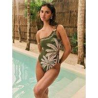 Friends Like These One Shoulder Palm Placement Print Swimsuit - Green