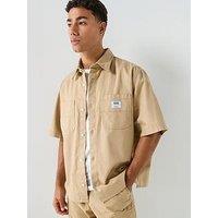Hugo Blue Ebwin Oversized Fit Short Sleeve Shirt - Beige