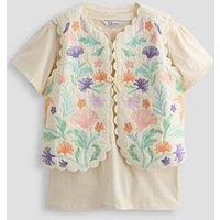 The Very Collection Girls Embroidered T-Shirt & Embroidered Waistcoat Set - Off White