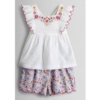 Jojo Maman Bebe Toddler Girls Ruffle Front Embroidered Top And Scallop Short Set - Cream
