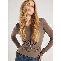 River Island Long Sleeve Wrap Detail Trim Top - Beige