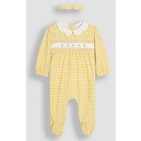Jojo Maman Bebe Baby Girls Gingham Sleepsuit & Headband Set - Yellow