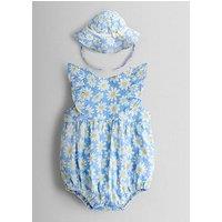 Jojo Maman Bebe Baby Girls Daisy Printed Frill Romper & Hat Set - Blue