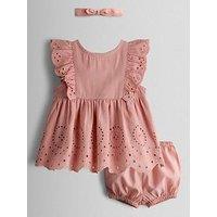 Jojo Maman Bebe Baby Girls Broderie Dress, Bloomers And Headband Set - Pink