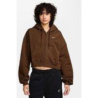 Nike Womens Studio Fleece Oversized Crop Full Zip Hoodie - Brown