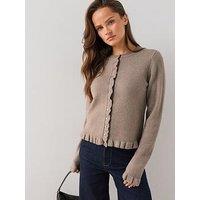 The Very Collection Cosy Yarn Frill Crew Neck Cardigan With Wool - Brown