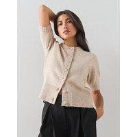 The Very Collection Timeless Yarn Short Sleeve Puff Sleeve Cardigan - Beige