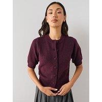 The Very Collection Timeless Yarn Short Sleeve Puff Sleeve Cardigan - Plum