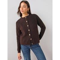 The Very Collection Timeless Yarn Crew Neck Stitch Interest Cardigan - Chocolate