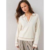 The Very Collection Women'S Relaxed Collared Knit Jumper With Contrast Tipping - Cream