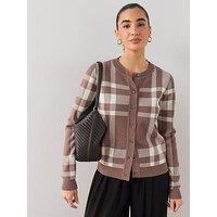 The Very Collection Classic Comfort Crew Neck Checked Cardigan - Brown