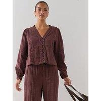 The Very Collection Crinkle V-Neck Button Front Co-Ord Blouse - Brown