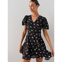 The Very Collection Printed Frill Tea Dress - Black