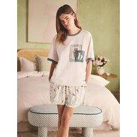 B By Ted Baker Patch Shorts Pyjama Set - Ecru/Green