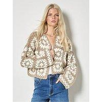 Apricot Hand-Knit Crochet Squares Cardigan