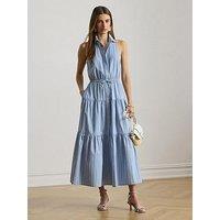 Lauren By Ralph Lauren Striped Sleeveless Tiered Midaxi Shirt Dress - Blue