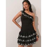 The Very Collection Ruffle Embroidered One Shoulder Beach Dress - Black