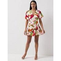 Ax Paris Floral Print Wrap Top Skater Mini Dress - Multi