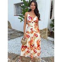 Ax Paris Smudge Floral Print Open Back Ruched Detail Midi Dress - Multi