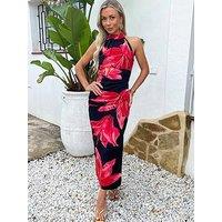 Ax Paris Floral Print Halter Neck Midi Dress - Black