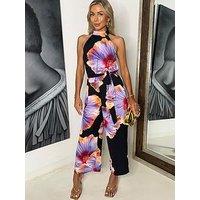 Ax Paris Floral Print Halter Neck Jumpsuit - Black