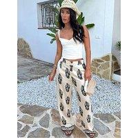 Ax Paris Border Print Wide Leg Trouser - Cream