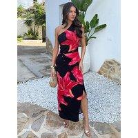 Ax Paris And Coral Red Floral Print One Shoulder O-Ring Midi Dress - Black/Coral-Red