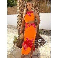 Ax Paris Floral Print Waist Cut Out Midi Dress - Orange/Pink