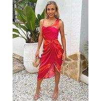 Ax Paris Pink And Orange Floral Print Strap Detail Gathered Midi Dress