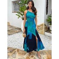 Ax Paris Bold Floral Print One Shoulder Ruched Waist Midi Dress - Navy