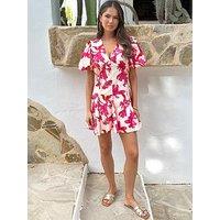 Ax Paris And Cream Floral Print Puff Sleeve Skater Mini Dress - Pink/Cream