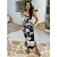 Ax Paris Bold Floral Print Ruched Side Strappy Midi Dress - Black