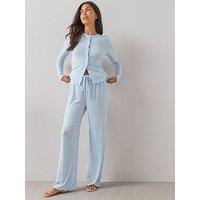 The Very Collection Marl Button Up Top And Wide Leg Pyjama Set - Blue