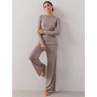 The Very Collection Frill Hem Ribbed Long Sleeve Pyjama Set - Brown
