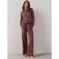 The Very Collection Long Sleeve Button Through Top And Wide Leg Loungewear Set - Brown