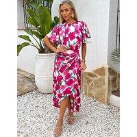 Ax Paris Floral Print Butterfly Sleeve Gathered Side Midi Dress - Multi