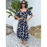 Ax Paris Abstract Print Puff Sleeve Smock Midi Dress - Navy