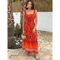 Ax Paris Boho Border Print Frill Strap Smock Midi Dress - Orange