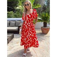 Ax Paris Abstract Print Shirred Waist Smock Midi Dress - Red