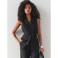 The Very Collection Women'S Piping Detail Tie Belt Sleeveless Blazer - Black