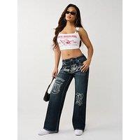 True Religion Bobbi Mid Rise Embroidered Big T Baggy Jeans - Blue