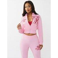 True Religion Embroidered Big T Shrunken Zip Hoodie - Pink